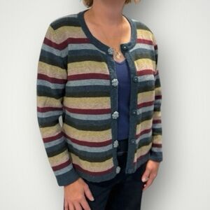 Vintage Tulchan Lambswool Turquoise Burgundy Striped Cardigan Sweater Size XL